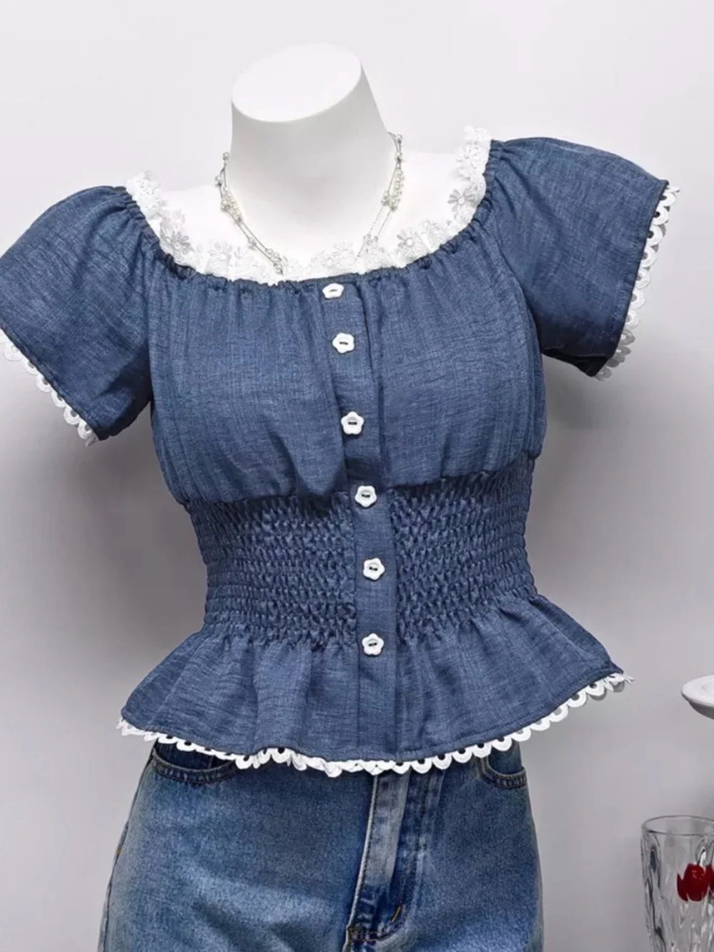 Blue Lace-Trim Smocked Waist Peasant Top